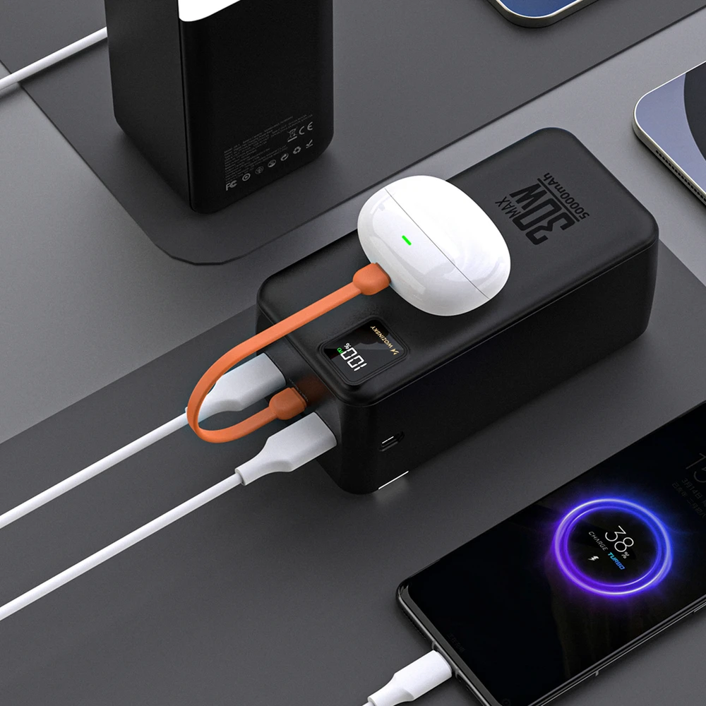 Powerbank Wozinsky W8-B 50000mAh 30W 2xUSB-A and 2xUSB-C and USB micro with flashlight - juodas