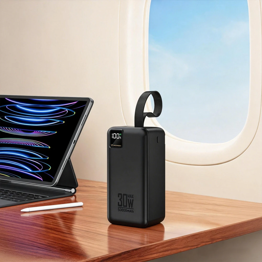 Powerbank Wozinsky W8-B 50000mAh 30W 2xUSB-A and 2xUSB-C and USB micro with flashlight - juodas