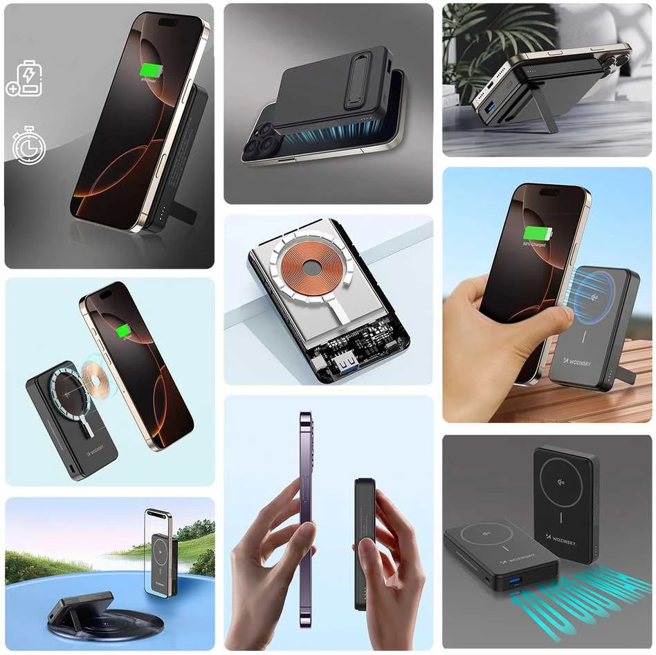 Išorinė baterija Wozinsky WLWP-10KA0Y3S 22.5W PD Qi2 10000 mAh, su stoveliu, 1x USB-A, 1x USB-C – juodos spalvos