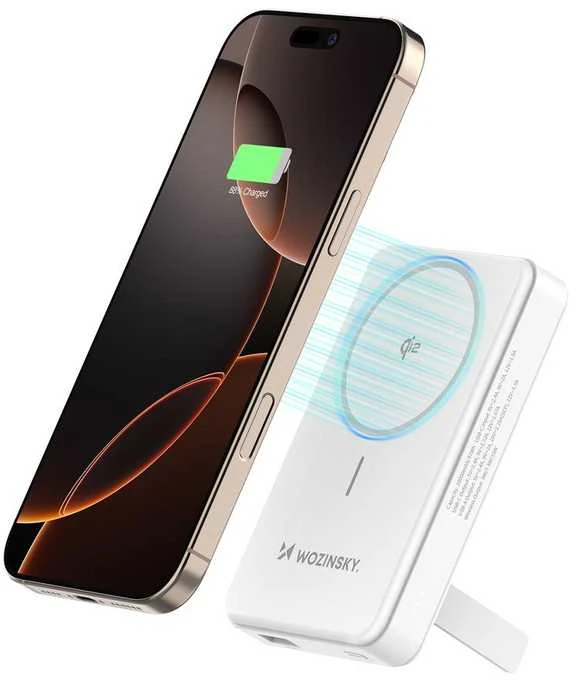 Powerbank Wozinsky WLWP-10KA0Y3WS 22.5W PD Qi2 10000 mAh, su stoveliu, 1x USB-A, 1x USB-C – baltos spalvos