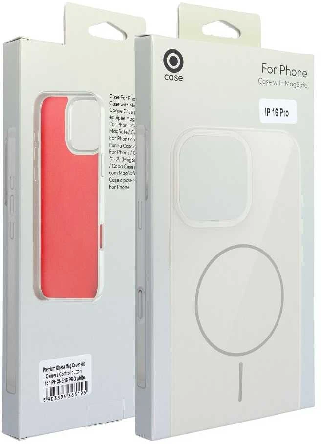 OEM dėklas, skirtas „iPhone 16 PLUS Premium Glossy Mag Cover“, suderinamas su „MagSafe“ ir kameros valdymo mygtukais. Baltas