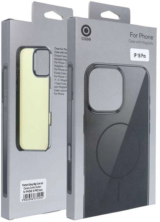 OEM dėklas, skirtas „iPhone 16 PLUS Premium“ blizgus „Mag“ dėklas, suderinamas su „MagSafe“ ir juodu kameros valdymo mygtuku.