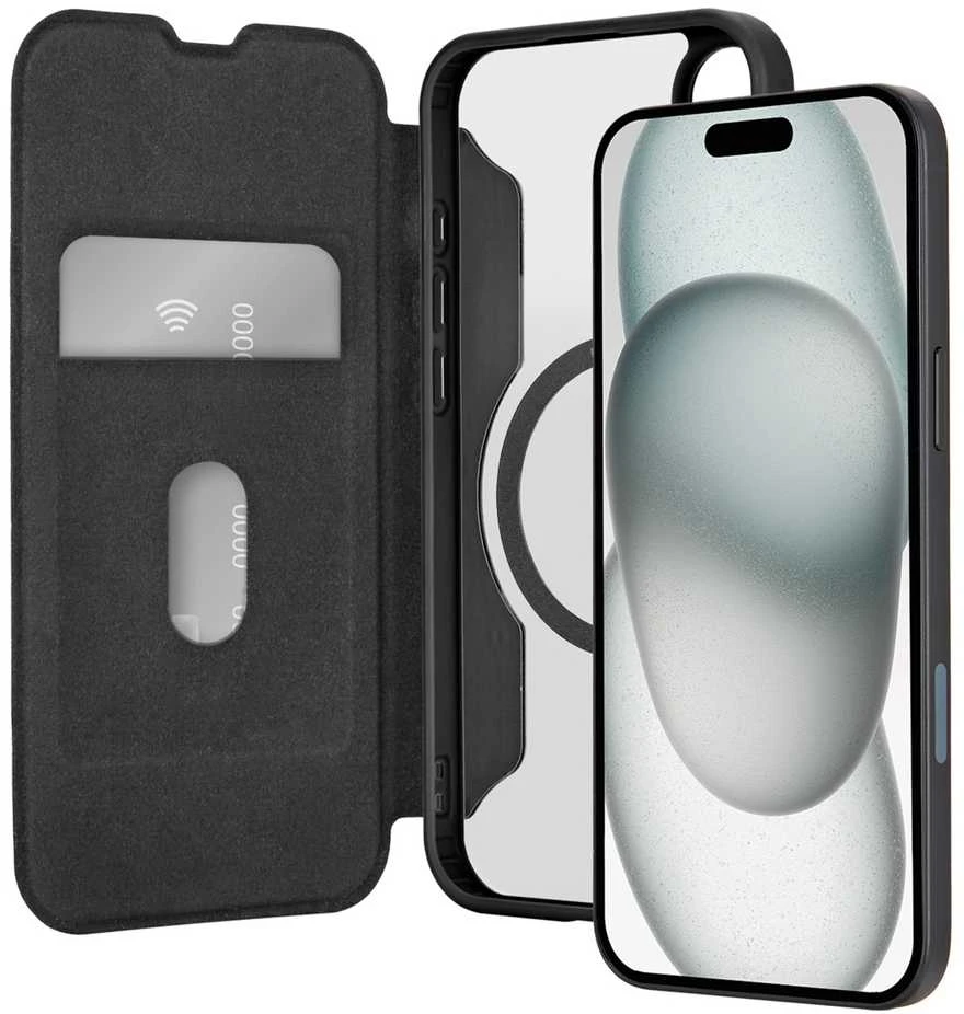 SBS Puro Book Mag MagSafe odinis dėklas su atvartu ir kortelės lizdu, skirtas iPhone 16 – juodas
