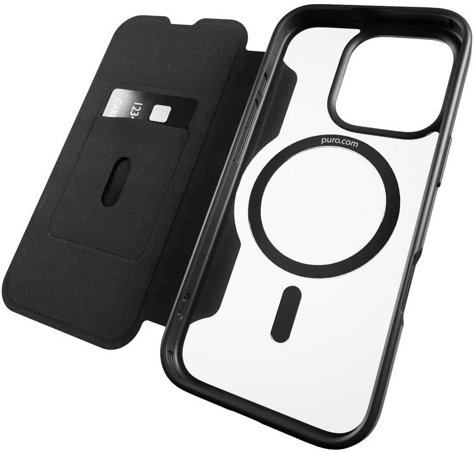SBS Puro Book Mag MagSafe Leather dėklas su Flap and Card Slot skirtas Apple iPhone 16 Pro - juodos spalvos