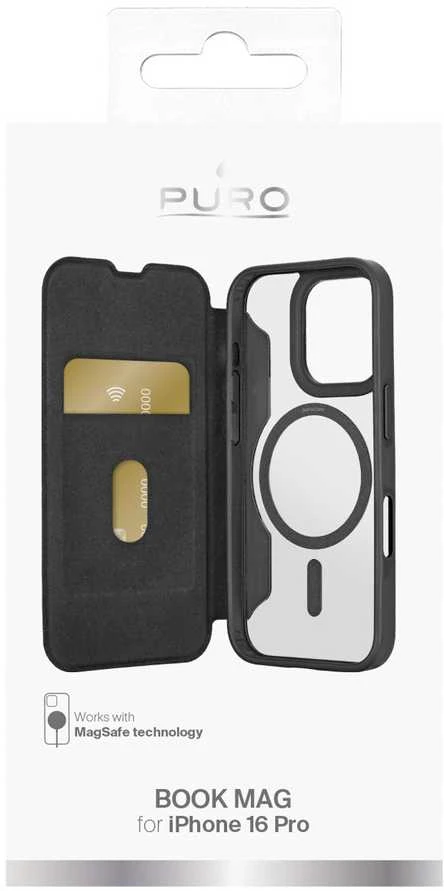 SBS Puro Book Mag MagSafe Leather dėklas su Flap and Card Slot skirtas Apple iPhone 16 Pro - juodos spalvos