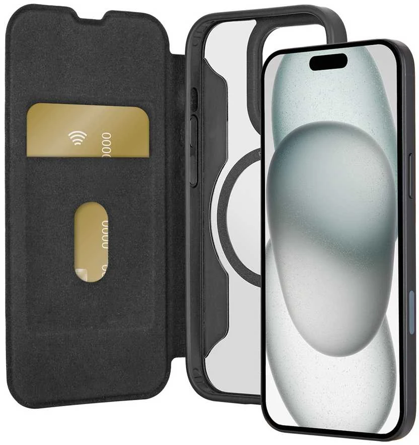 SBS Puro Book Mag MagSafe Leather dėklas su Flap and Card Slot skirtas Apple iPhone 16 Pro - juodos spalvos