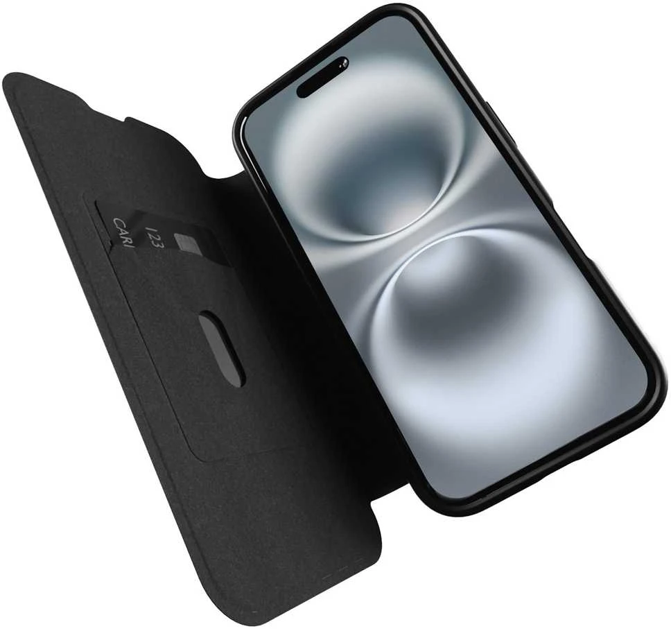 SBS Puro Book Mag MagSafe odinis dėklas su atvartu ir kortelės lizdu, skirtas iPhone 16 – juodas