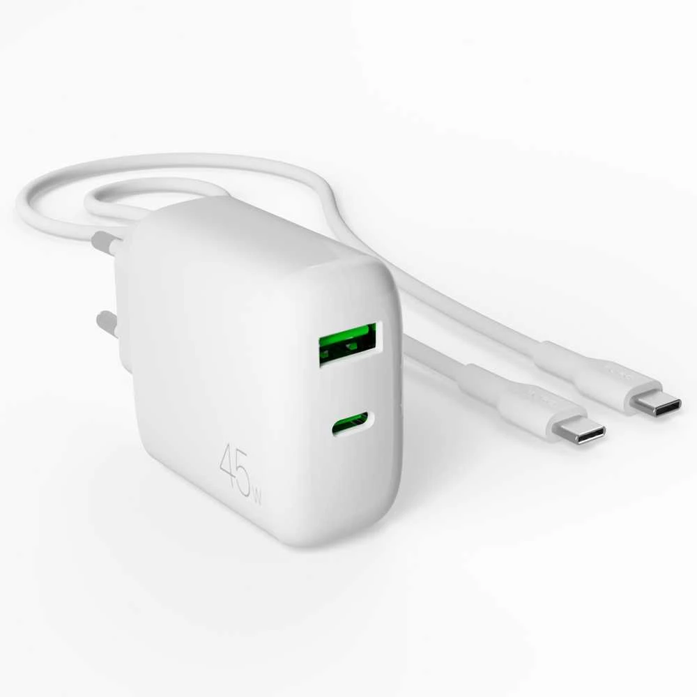 Puro „Daily Prolite“ 45 W USB-C USB-A maitinimo įkroviklis su USB-C laidu – Baltas