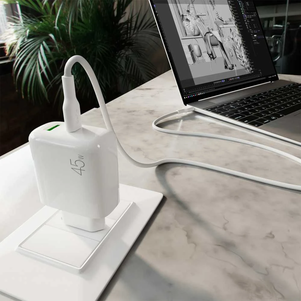 Puro „Daily Prolite“ 45 W USB-C USB-A maitinimo įkroviklis su USB-C laidu – Baltas