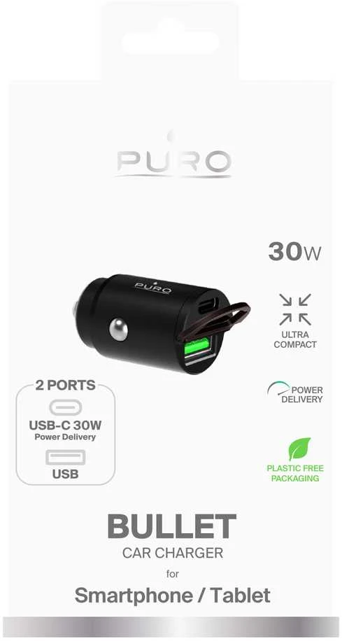 Nezatříděno Mini mašininis greitasis kroviklis PURO 1 x UAB-A, 1 x USB-C, PD, 30W, juodas / FCMCHUSBAC30WBLK