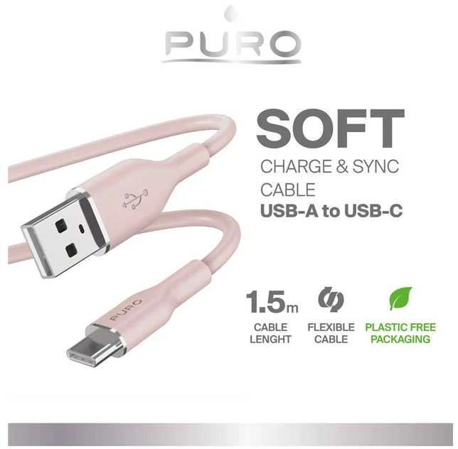 Puro Elektrik Puro Soft USB-A – USB-C laidas 1,5 m – rožinis