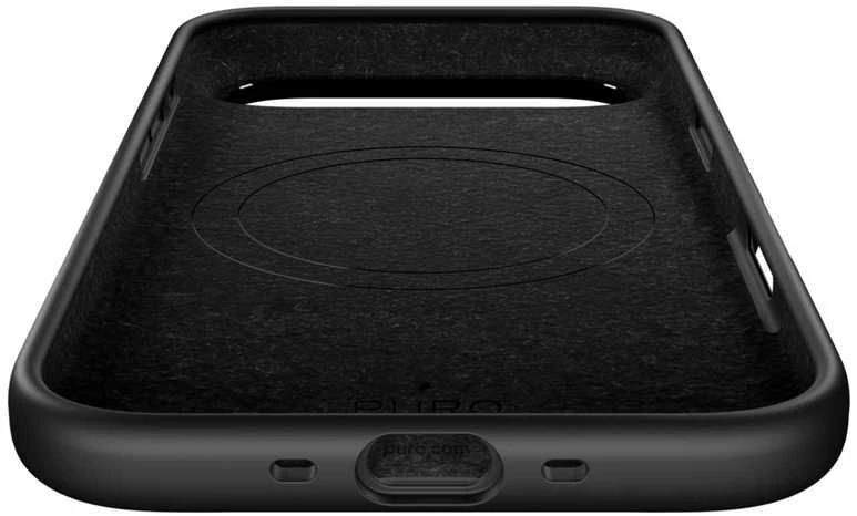 Puro Pure Icon Mag Pro Liquid Silicone dėklas skirtas Apple iPhone 17 Air, MagSafe Compatible, with Camera Protection and Aluminum Mygtukai – juodos spalvos