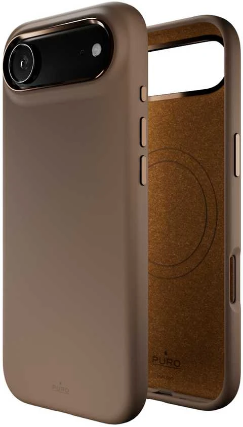 Puro Icon Mag Pro skysto silikoninio dėklo dėklas, skirtas iPhone 17 Air, suderinamas su MagSafe, su kameros apsauga ir aliuminio Mygtukai - rudas