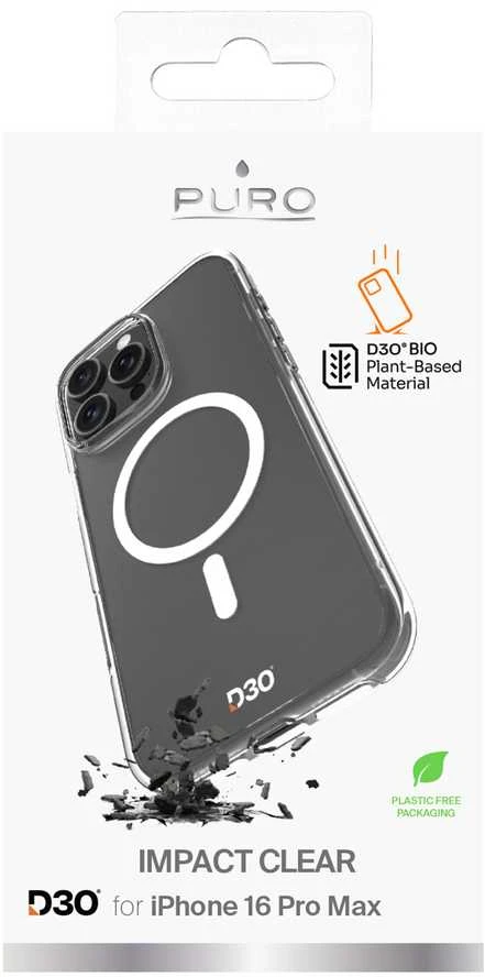 Puro Impact skaidrus D3O MagSafe Silicone dėklas skirtas iPhone 16 Pro Max - skaidrus
