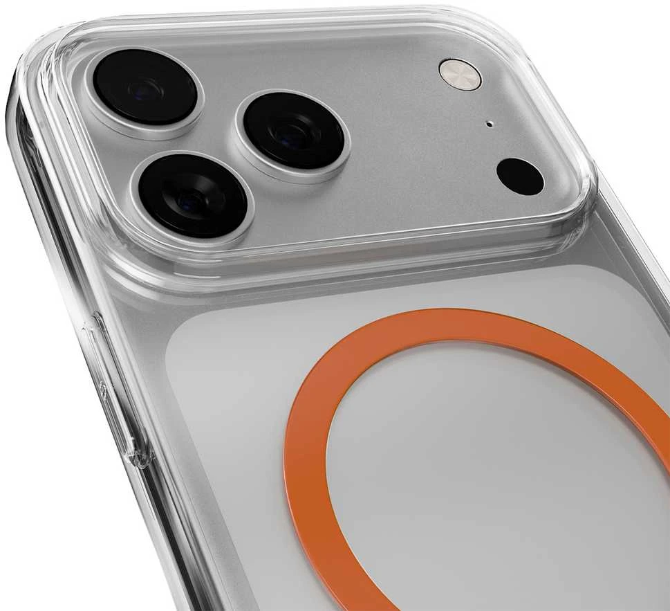 Puro Lite Mag TPU+PC dėklas suderinamas su MagSafe skirtas Apple iPhone 17 Pro – skaidrus su oranžinės spalvos žiedu