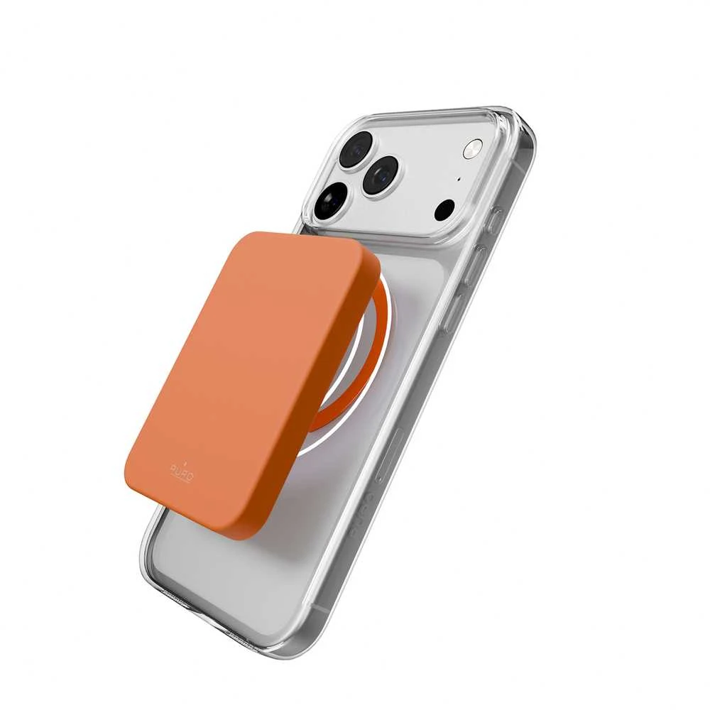Puro Lite Mag TPU+PC dėklas suderinamas su MagSafe skirtas Apple iPhone 17 Pro – skaidrus su oranžinės spalvos žiedu