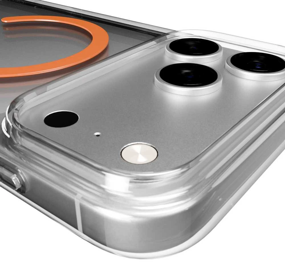 Puro Lite Mag TPU+PC dėklas suderinamas su MagSafe skirtas Apple iPhone 17 Pro – skaidrus su oranžinės spalvos žiedu