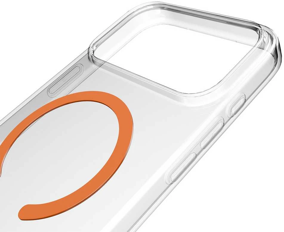 Puro Lite Mag TPU+PC dėklas suderinamas su MagSafe skirtas Apple iPhone 17 Pro – skaidrus su oranžinės spalvos žiedu