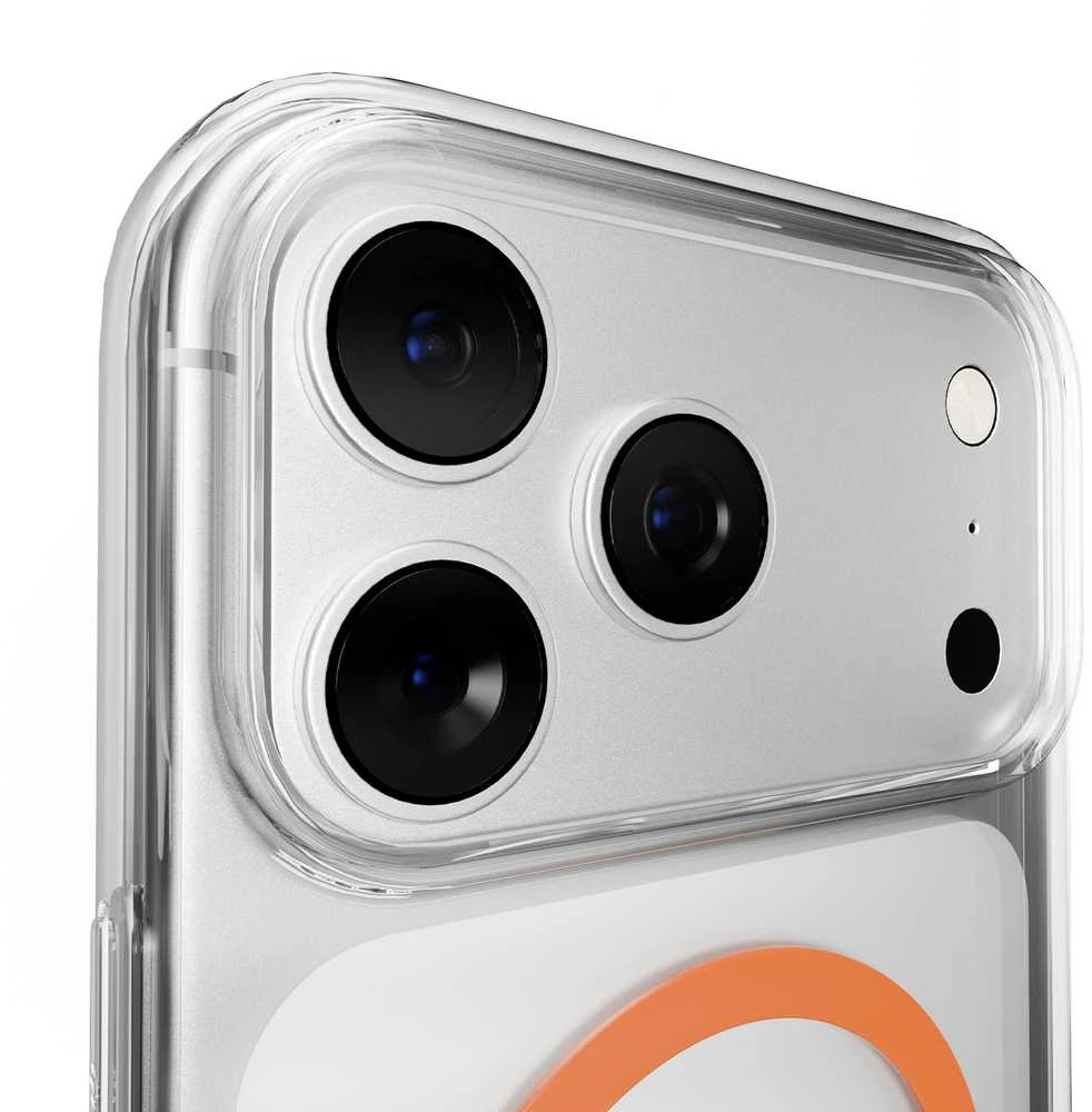 Puro Lite Mag TPU+PC dėklas suderinamas su MagSafe skirtas Apple iPhone 17 Pro – skaidrus su oranžinės spalvos žiedu