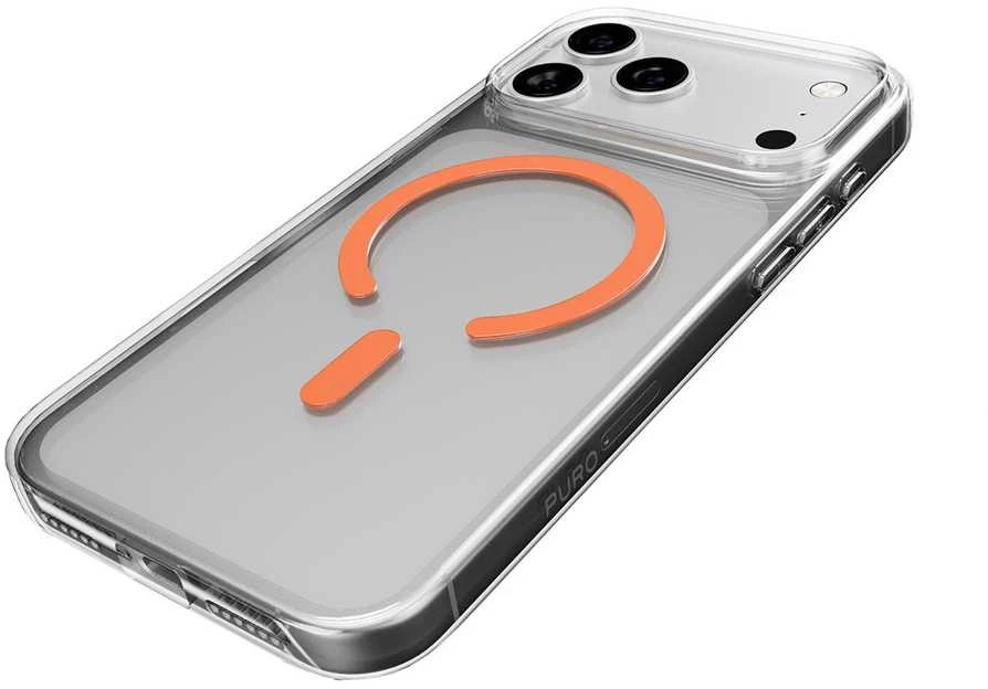 Puro Lite Mag TPU+PC dėklas suderinamas su MagSafe skirtas Apple iPhone 17 Pro – skaidrus su oranžinės spalvos žiedu