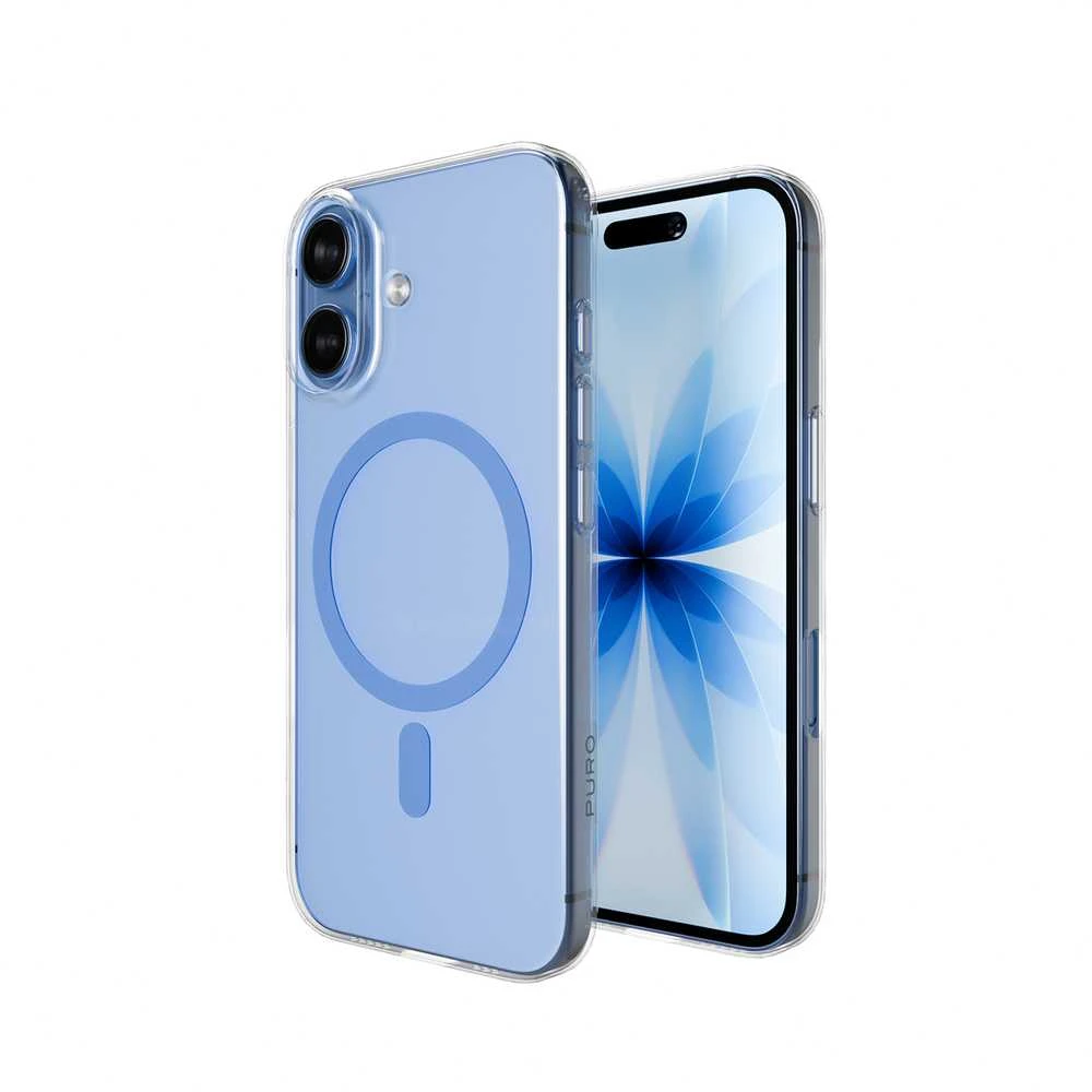 Puro Lite Mag TPU+PC dėklas suderinamas su MagSafe skirtas Apple iPhone 17 – skaidrus su mėlynos spalvos žiedu