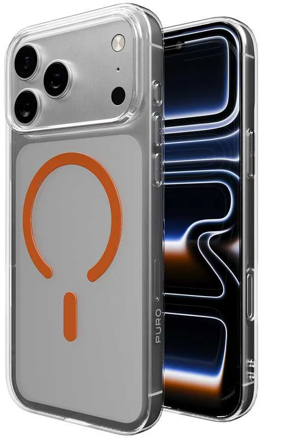 Puro Lite Mag TPU+PC dėklas suderinamas su MagSafe skirtas Apple iPhone 17 Pro – skaidrus su oranžinės spalvos žiedu
