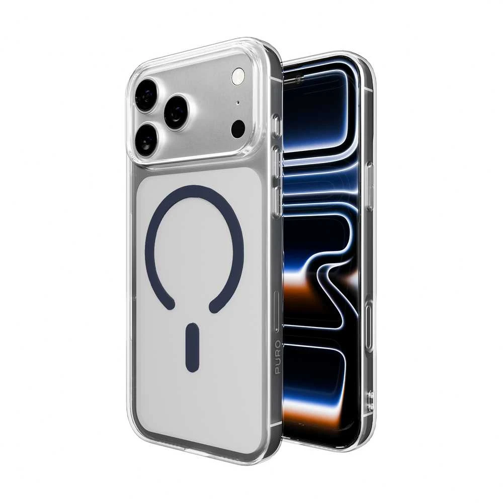 Puro Lite Mag TPU+PC dėklas, suderinamas su „MagSafe“, skirtas „iPhone 17 Pro Max“ – skaidrus su Mėlyna žiedu