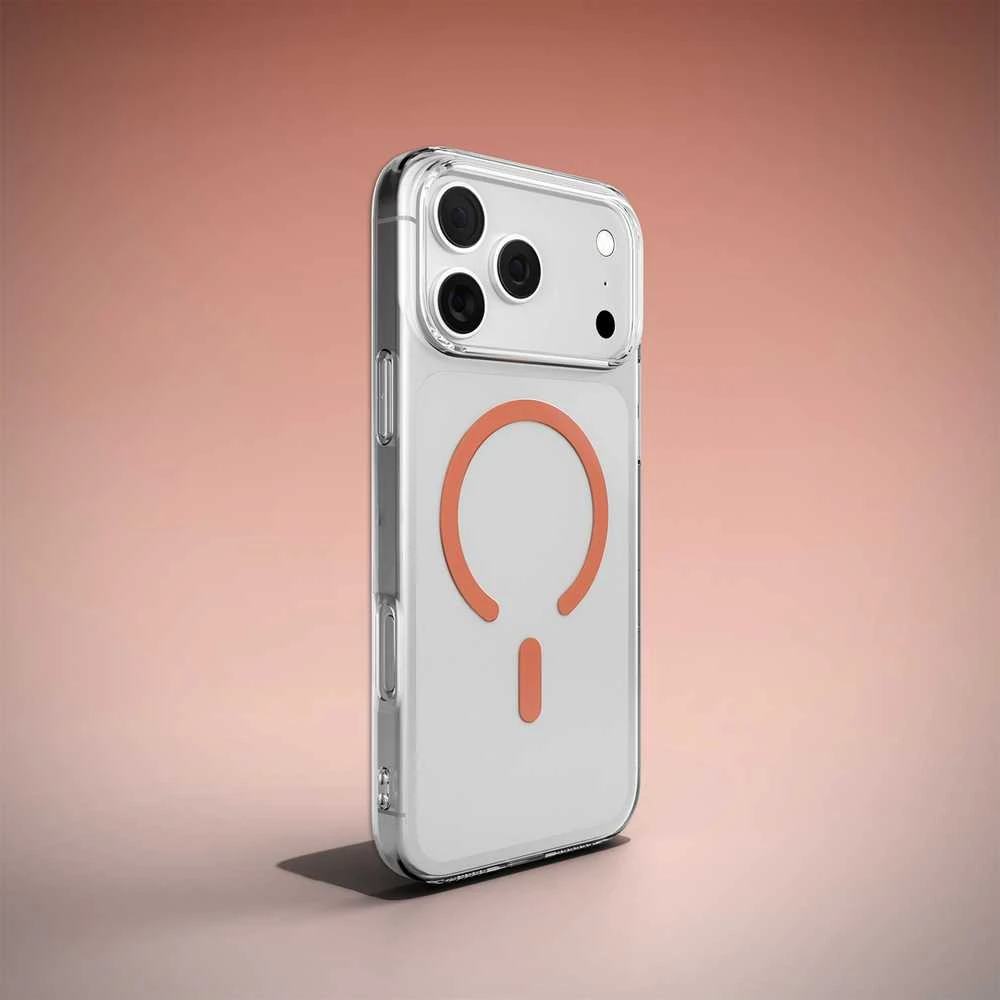 Puro Lite Mag TPU+PC dėklas suderinamas su MagSafe skirtas Apple iPhone 17 Pro – skaidrus su oranžinės spalvos žiedu