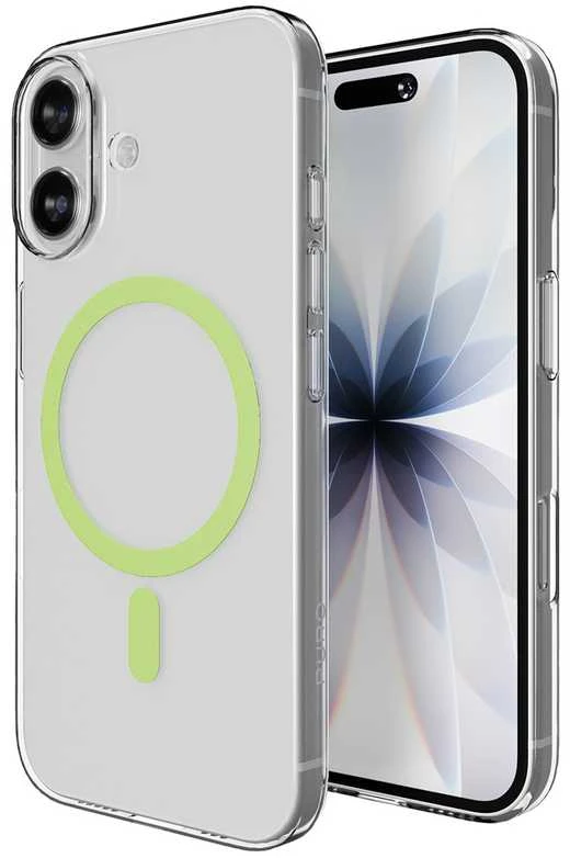 Puro Lite Mag TPU+PC dėklas, suderinamas su „MagSafe“, skirtas „iPhone 17“ – skaidrus su žaliu žiedu
