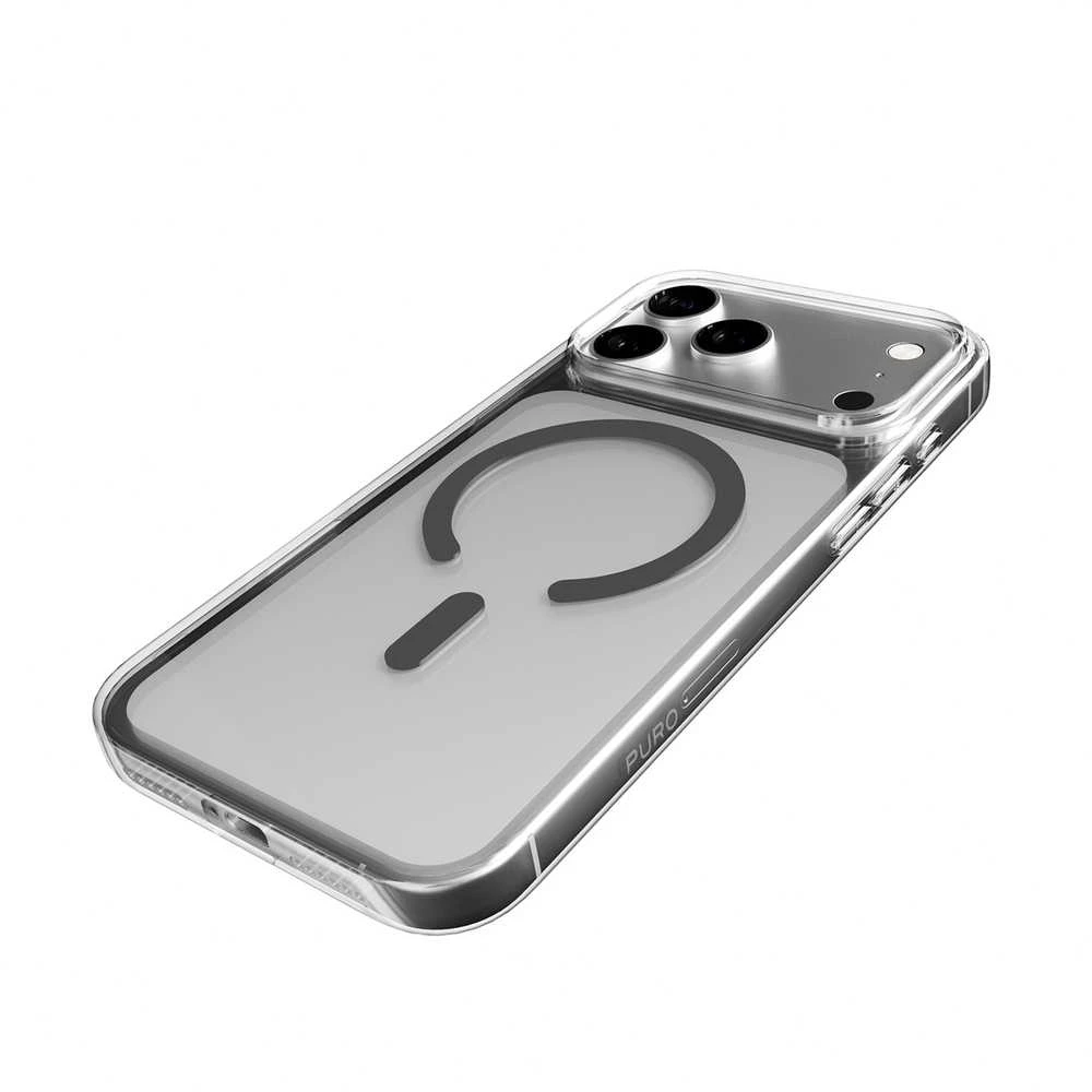 Puro Lite Mag TPU+PC dėklas, suderinamas su „MagSafe“, skirtas „iPhone 17 Pro Max“ – skaidrus su pilku žiedu