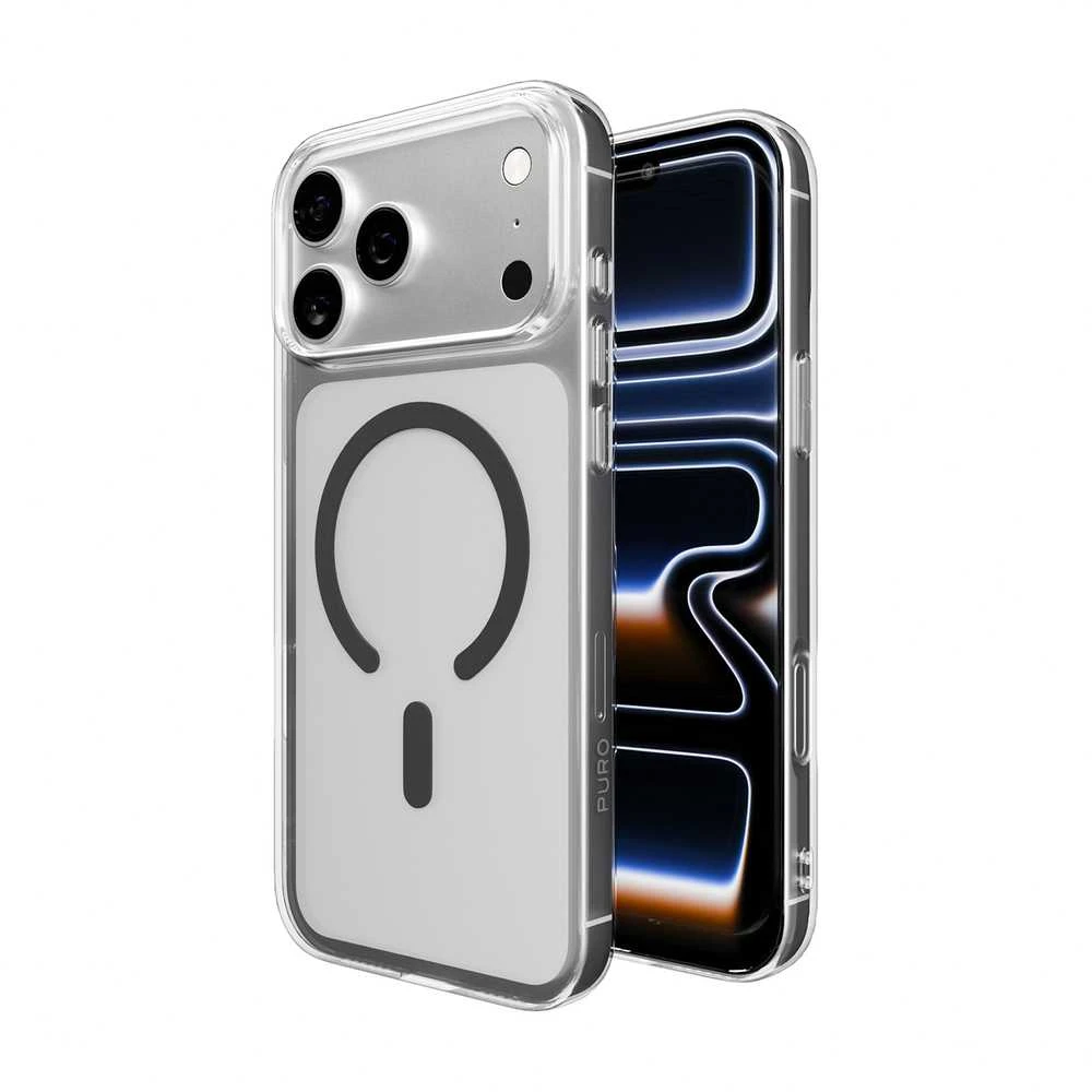 Puro „Lite Mag TPU+PC“ dėklas, suderinamas su „MagSafe“, skirtas „iPhone 17 Pro“ – skaidrus su pilku žiedu