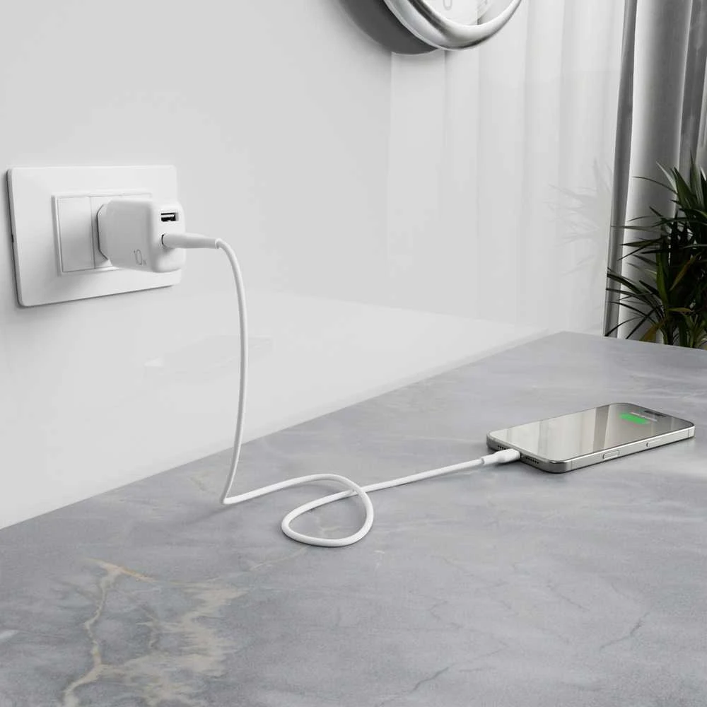 Puro PROLITE 10W 2x USB-A sieninis įkroviklis + USB-A – USB-C kabelis 1.2m – baltos spalvos