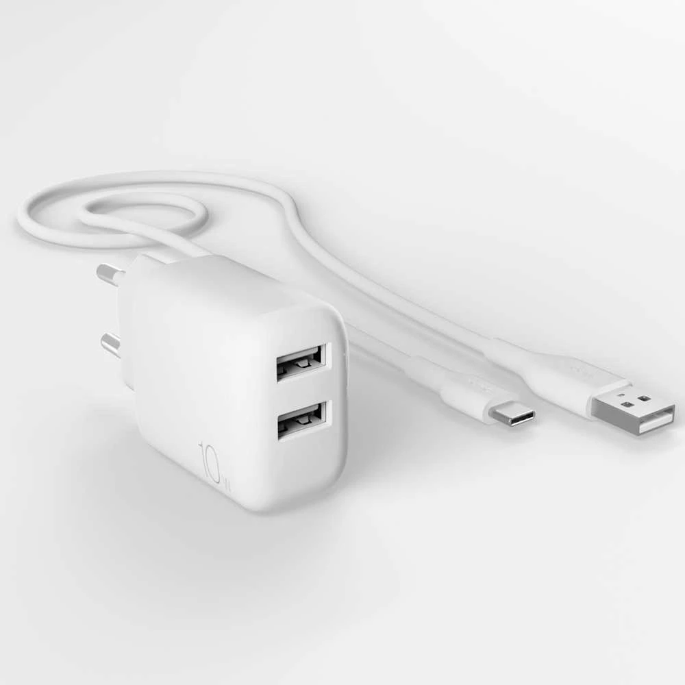 Puro PROLITE 10W 2x USB-A sieninis įkroviklis + USB-A – USB-C kabelis 1.2m – baltos spalvos