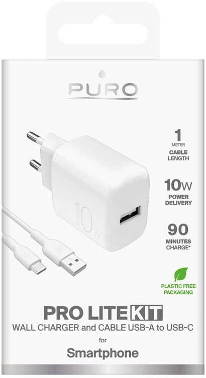 Puro PROLITE 10W USB-A sieninis įkroviklis + USB-A - USB-C kabelis 1.2m - baltos spalvos
