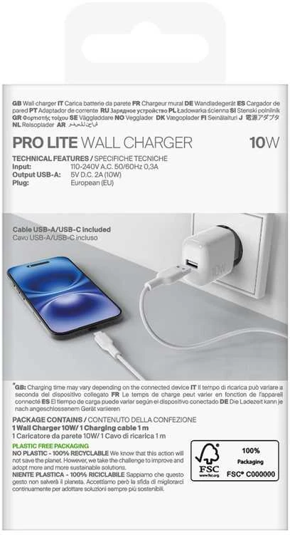 Puro PROLITE 10W USB-A sieninis įkroviklis + USB-A - USB-C kabelis 1.2m - baltos spalvos