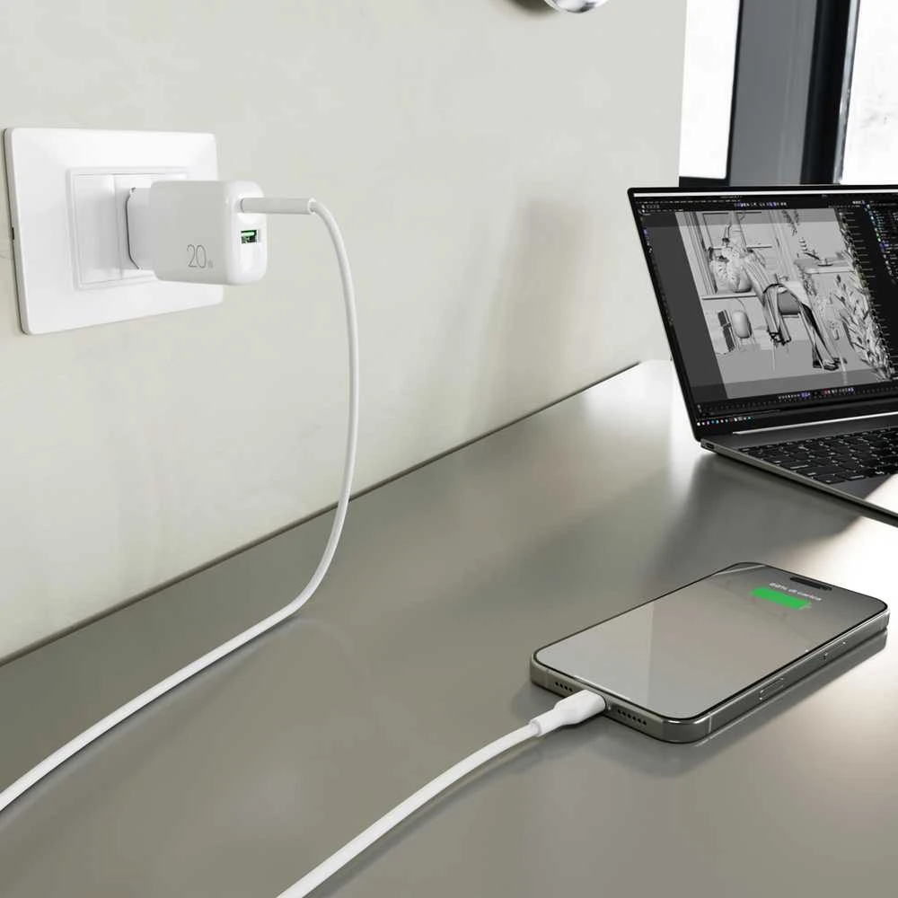 Puro PROLITE 20W USB-A / USB-C sieninis įkroviklis + USB-C – USB-C laidas 1,2 m – baltos spalvos