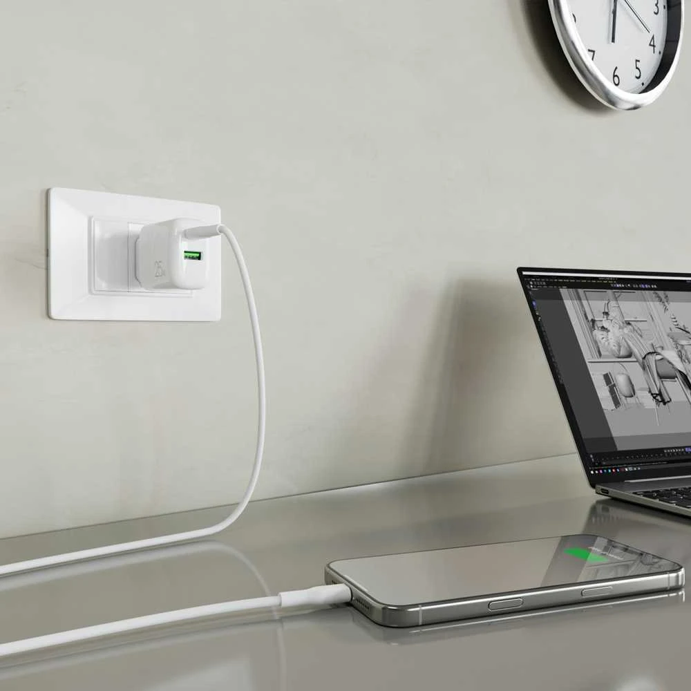 Puro PROLITE 25W USB-A / USB-C sieninis įkroviklis + USB-C – USB-C laidas 1,2 m – baltos spalvos