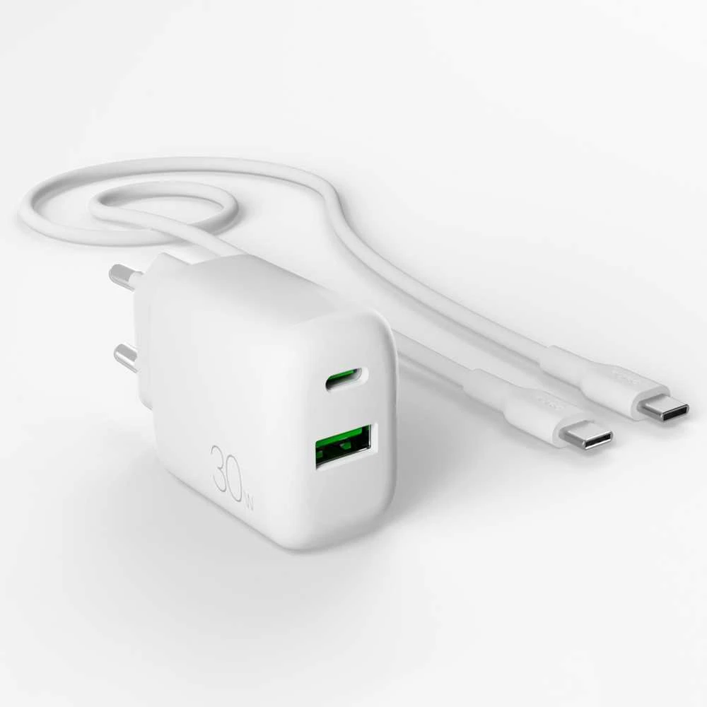 Puro PROLITE 30W USB-A / USB-C sieninis įkroviklis + USB-C – USB-C laidas 1,2 m – baltos spalvos