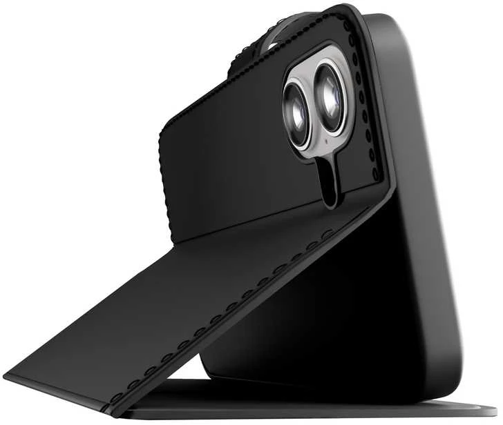 Puro Wallet Stand dėklas skirtas Apple iPhone 17 made of eco-leather, with a flap, wallet and stand function - juodos spalvos