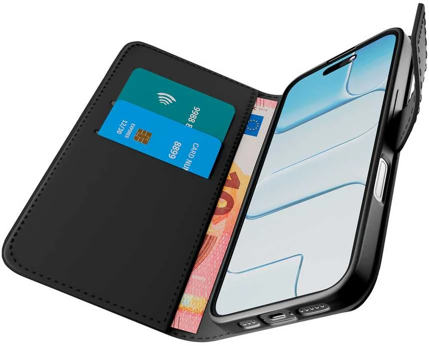 Puro Wallet Stand dėklas skirtas Apple iPhone 17 made of eco-leather, with a flap, wallet and stand function - juodos spalvos
