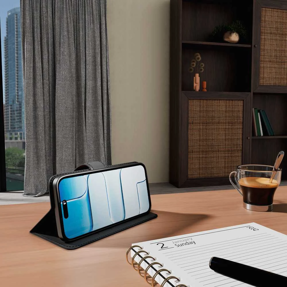 Puro Wallet Stand dėklas skirtas Apple iPhone 17 made of eco-leather, with a flap, wallet and stand function - juodos spalvos