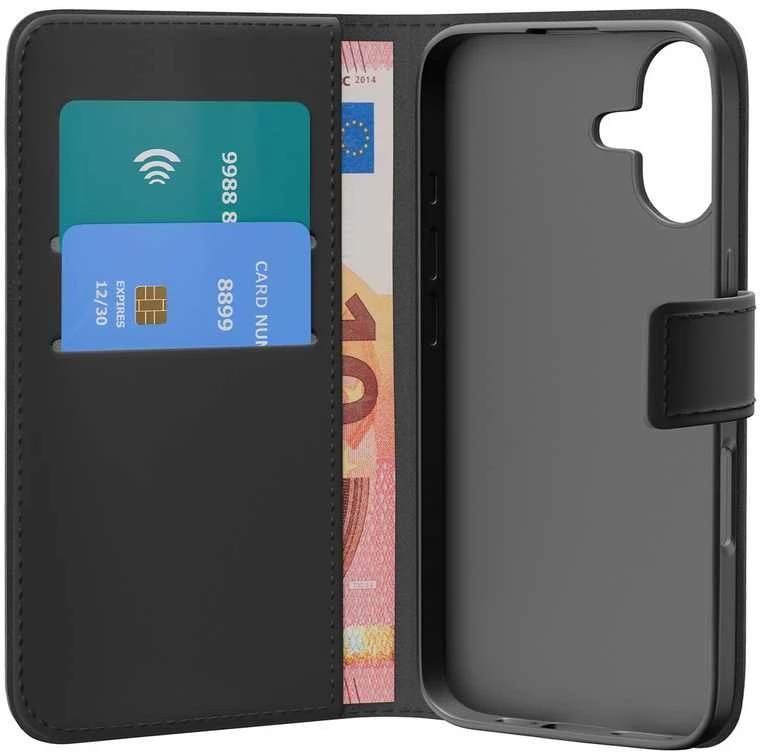 Puro Wallet Stand dėklas skirtas Apple iPhone 17 made of eco-leather, with a flap, wallet and stand function - juodos spalvos