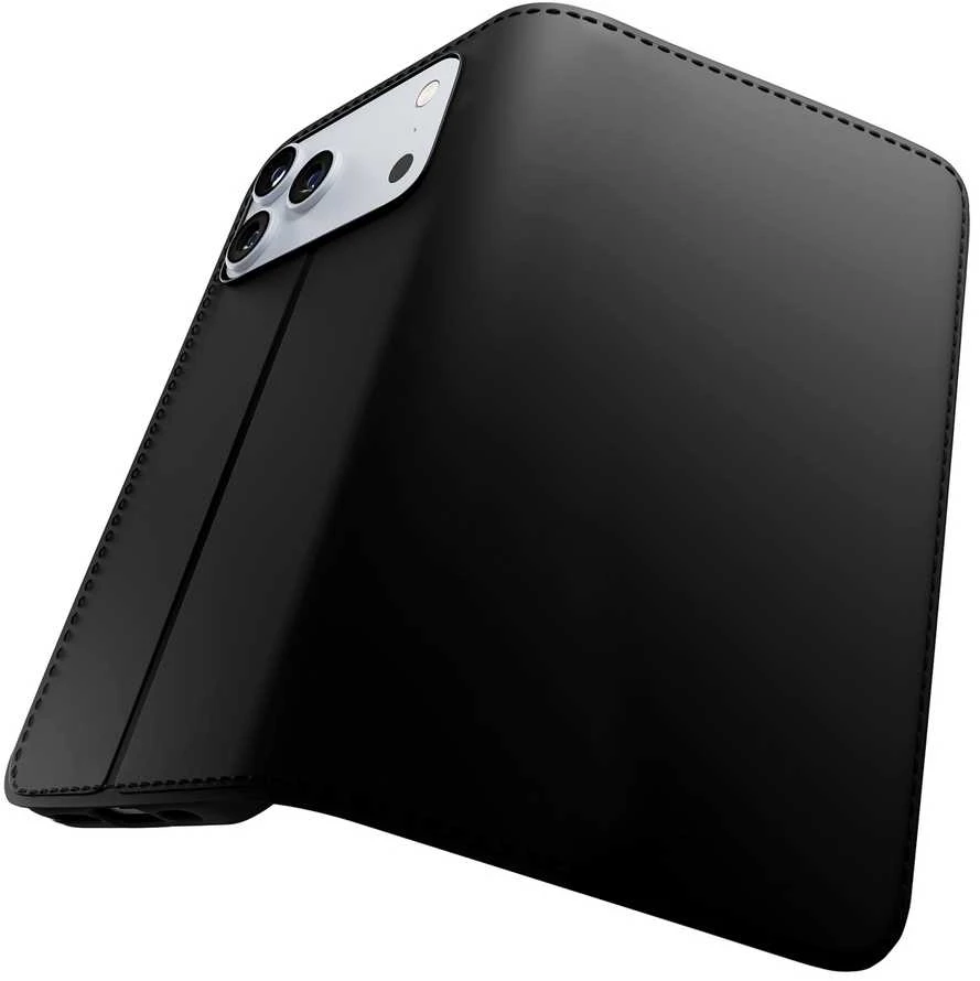 Puro Wallet Stand dėklas skirtas Apple iPhone 17 Pro Made of Eco-Leather, with a Flap, Wallet, and Stand Function - juodos spalvos