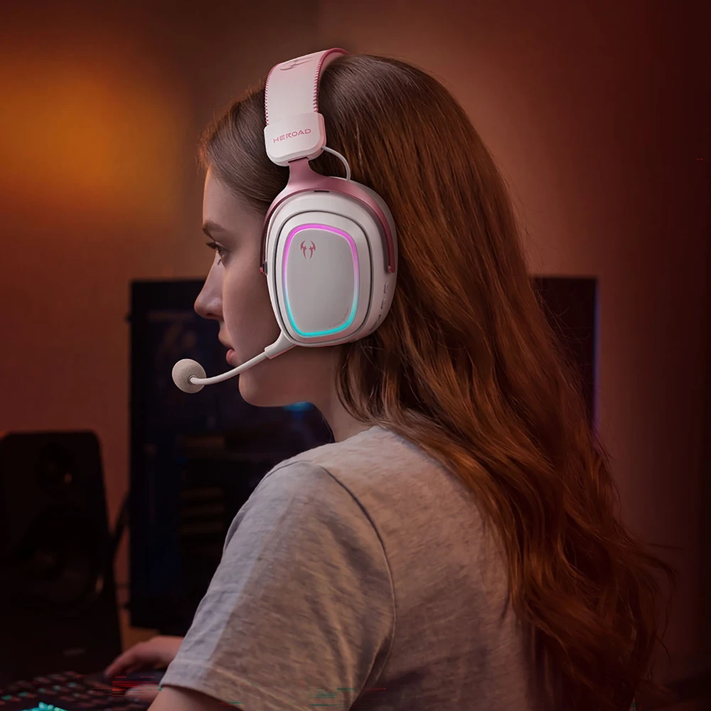 QCY Heroad GT2 Tri-Mode Wireless THX 7.1.4 Gaming Headphones with Detachable Microphone - Rožinė