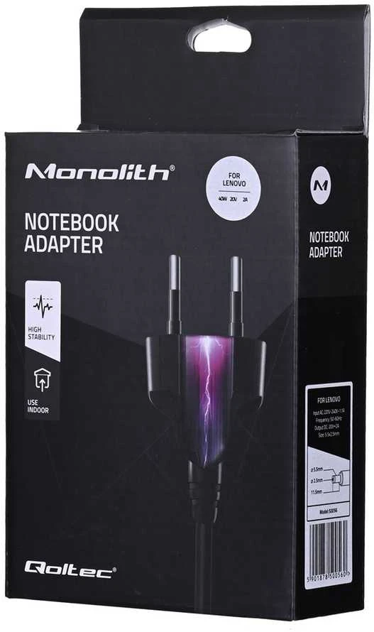 QOLTEC 50056 Nešiojamas kompiuteris AC power adapter Lenovo 40W 20V 2A 5.5 2.5