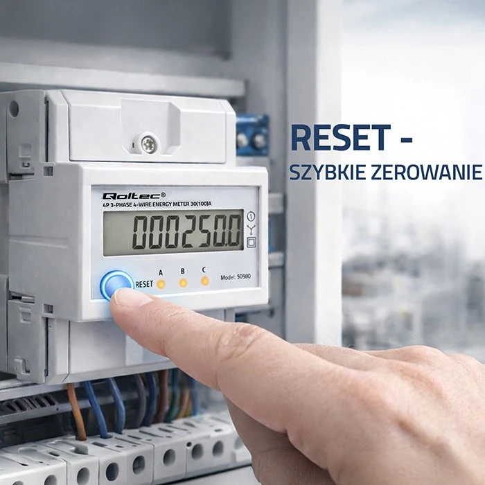 „Qoltec 50980“ trifazis elektroninis skaitiklis su atstatymu | Energijos suvartojimo skaitiklis ant DIN bėgelio | 400 V | 100 A | LCD | LED | 4P