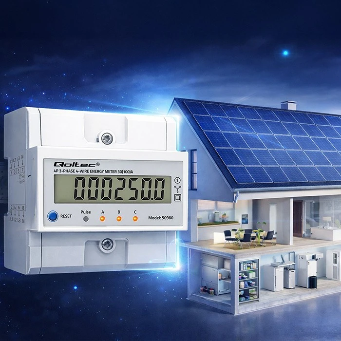 „Qoltec 50980“ trifazis elektroninis skaitiklis su atstatymu | Energijos suvartojimo skaitiklis ant DIN bėgelio | 400 V | 100 A | LCD | LED | 4P