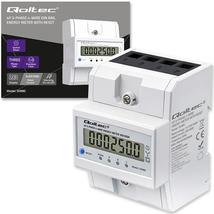 „Qoltec 50980“ trifazis elektroninis skaitiklis su atstatymu | Energijos suvartojimo skaitiklis ant DIN bėgelio | 400 V | 100 A | LCD | LED | 4P