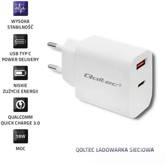 QOLTEC 51714 Įkroviklis 18W 5-12V 1.5-3A USB tipas C PD USB QC 3.0 Baltas