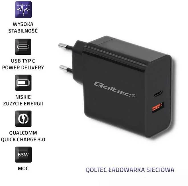 QOLTEC 51716 Įkroviklis 63W 5-20V 1.5-3A USB tipas C PD USB QC 3.0 Juodas